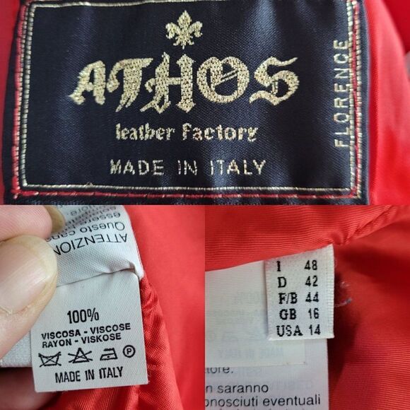 Vtg 80's Womens Athos Jacket Leather Bikercore Sleek Blazer Florence Italy Red L - Picture 4 of 14